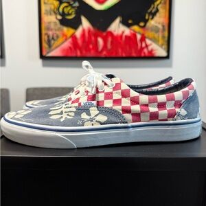 Men’s Vans Red and White Checkerboard Sneakers with Blue Floral - Size 9.5